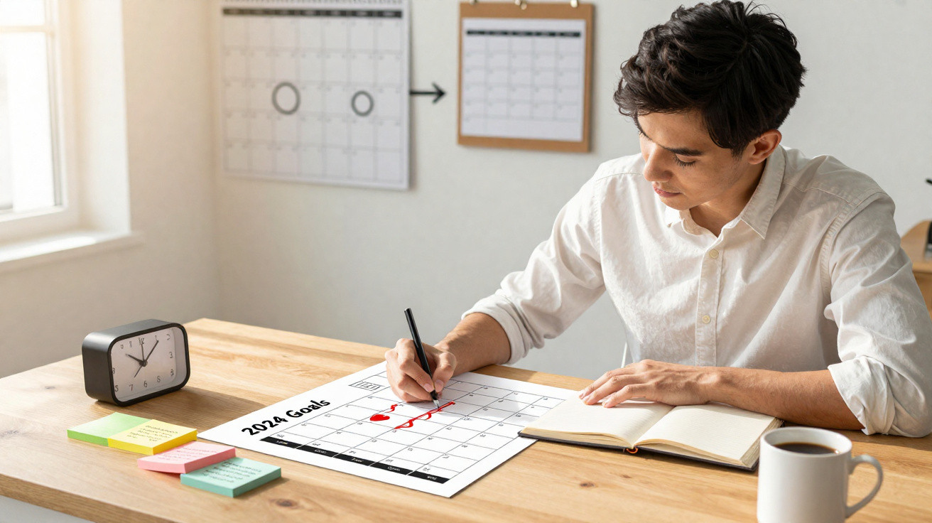 Homem sentado à mesa marcando metas no calendário de 2024, com caderno, relógio e caneca.