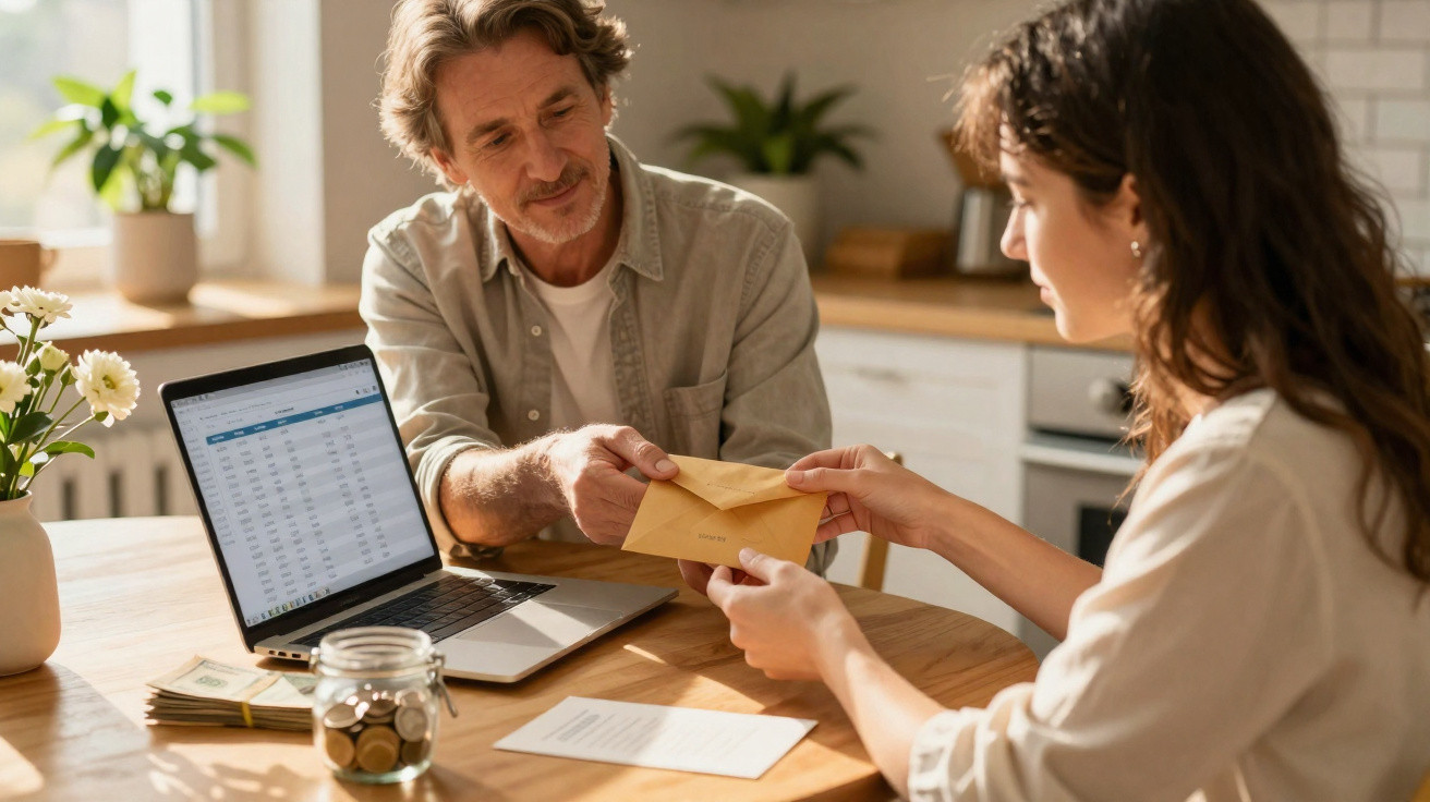 Homem entrega envelope para mulher sentada à mesa com laptop, dinheiro e documentos em ambiente iluminado.