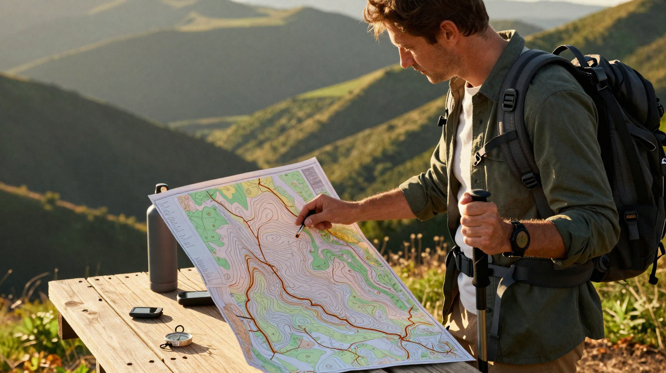 Homem com mochila observa mapa topográfico apoiado em mesa de madeira em área de montanhas ao entardecer.