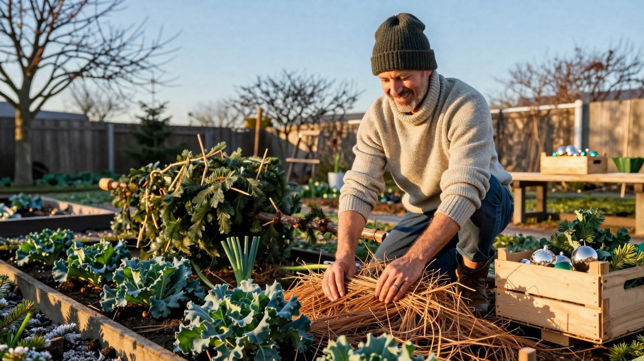 Homem com touca e suéter cuidando de plantas em jardim de inverno ao ar livre, com caixas de enfeites natalinos.