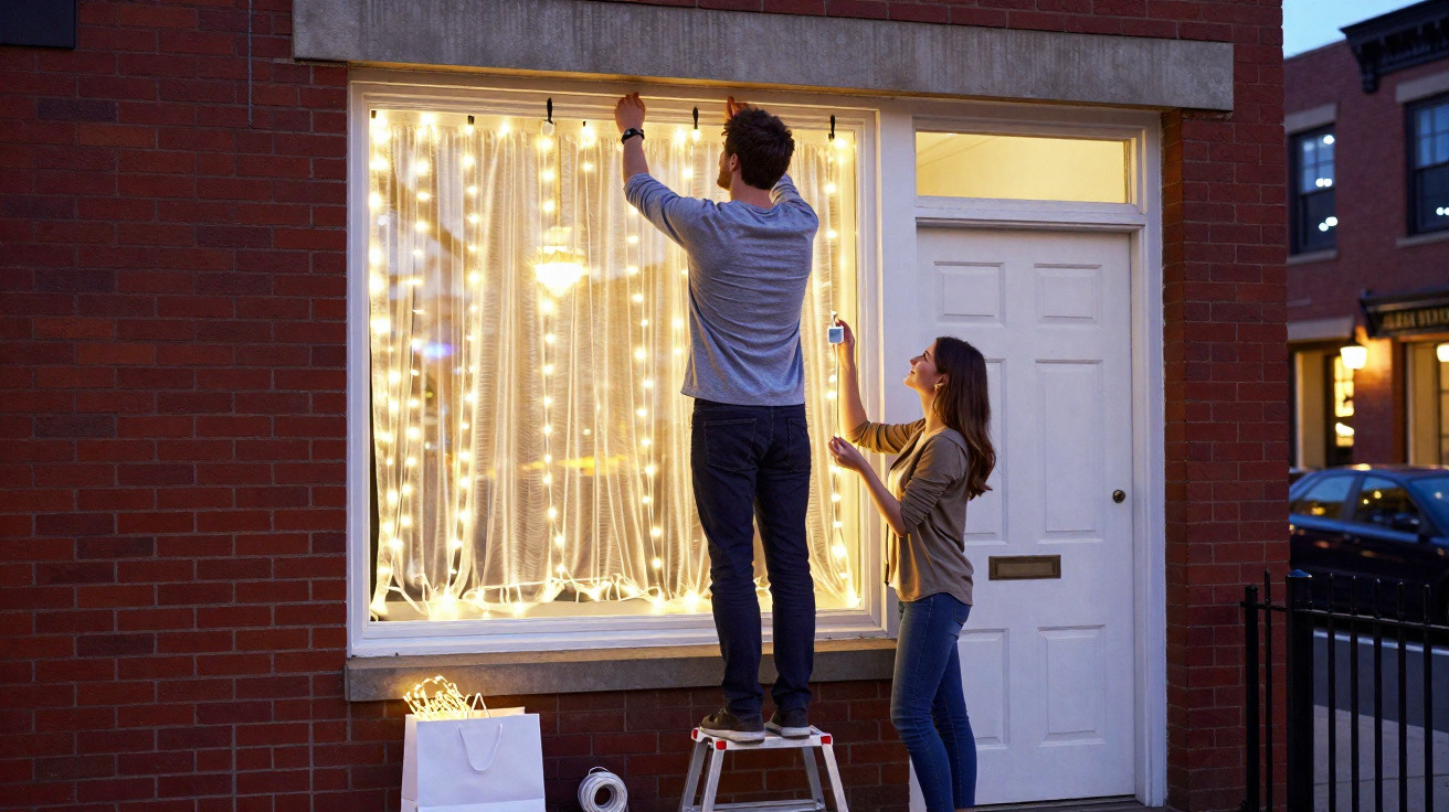 Casal decorando vitrine com luzes de natal à noite em loja com parede de tijolos vermelhos.