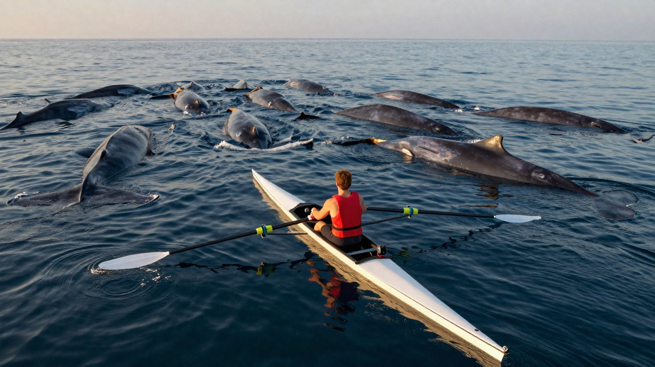 Pessoa em caiaque cercada por um grupo de baleias nadando no mar calmo ao entardecer.