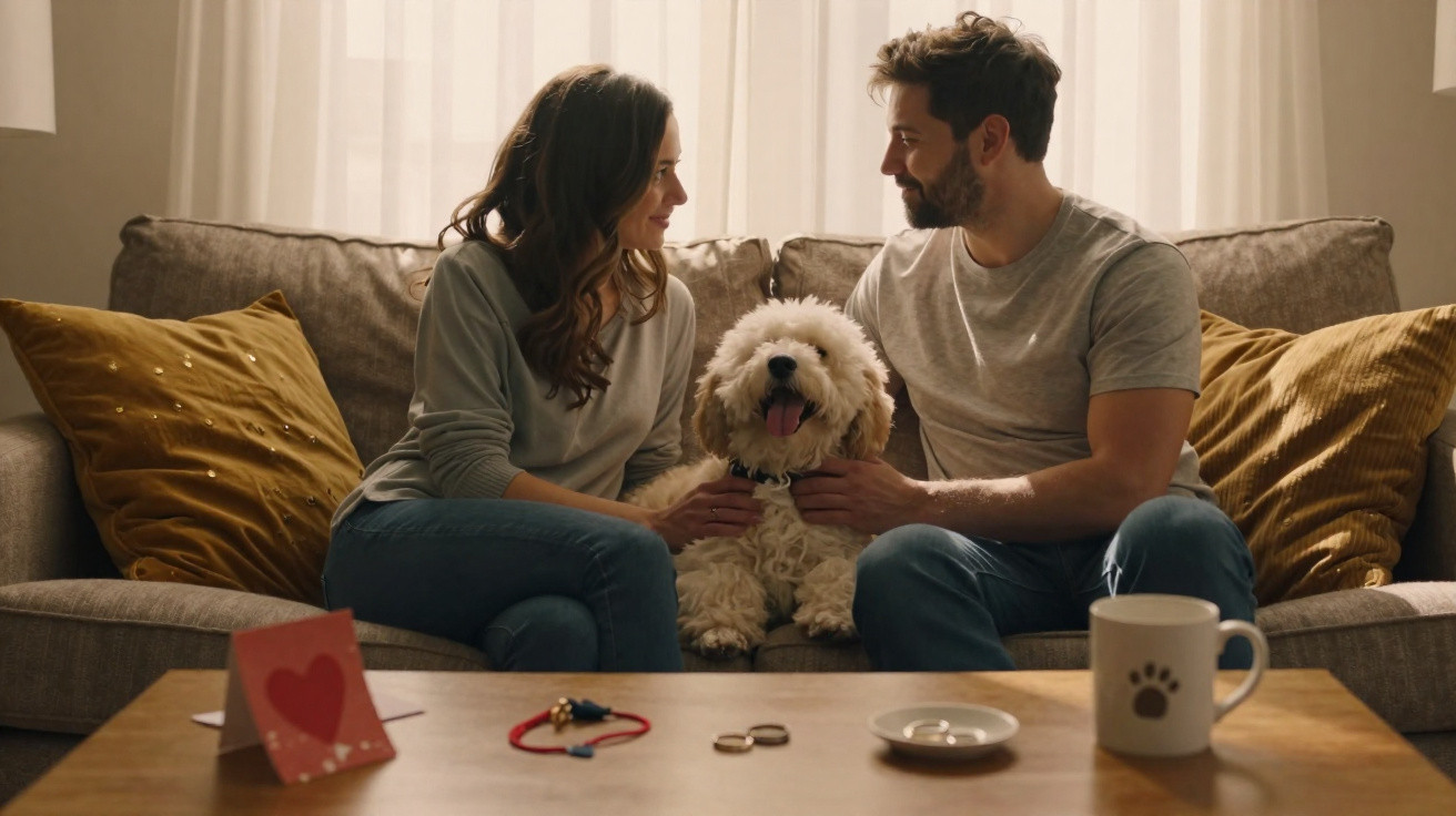 Casal sentado no sofá acariciando cachorro feliz entre eles, com objetos e caneca na mesa à frente.
