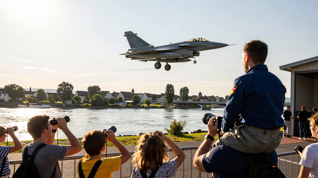 Pessoas observando e fotografando jato militar em aproximação para pouso perto de um rio ao entardecer.