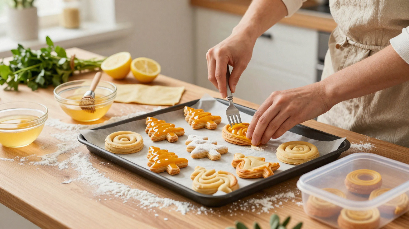 Pessoa decorando biscoitos em forma de árvore, floco de neve e outros, em assadeira na cozinha.