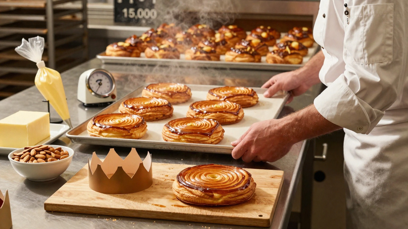 Chef segurando forma com pães doces dourados em bancada com utensílios e ingredientes de confeitaria.