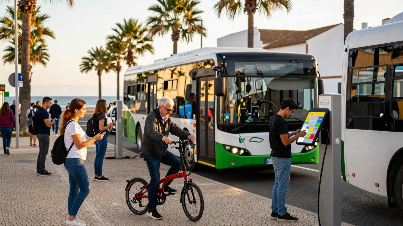 Pessoas aguardando ônibus em ponto com palm trees ao fundo em dia ensolarado à beira-mar.