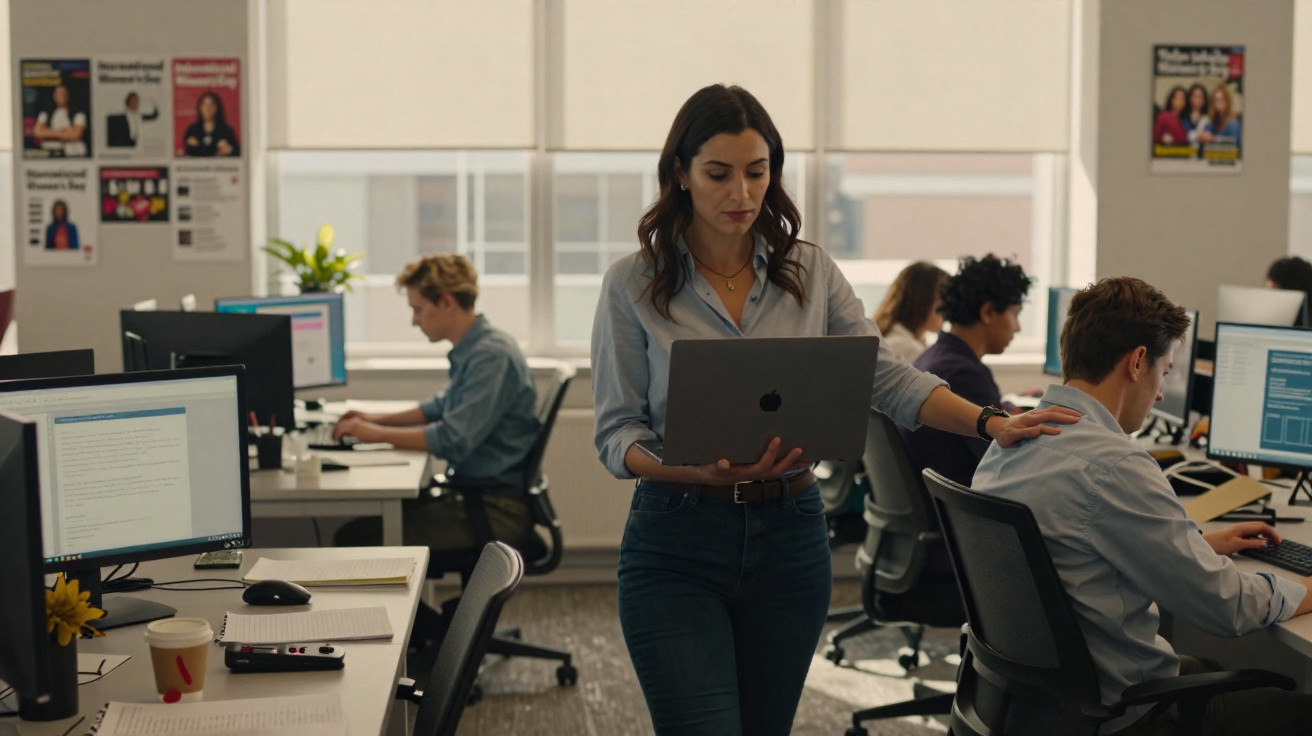 Mulher com laptop orienta colega em escritório moderno com várias pessoas trabalhando em computadores.