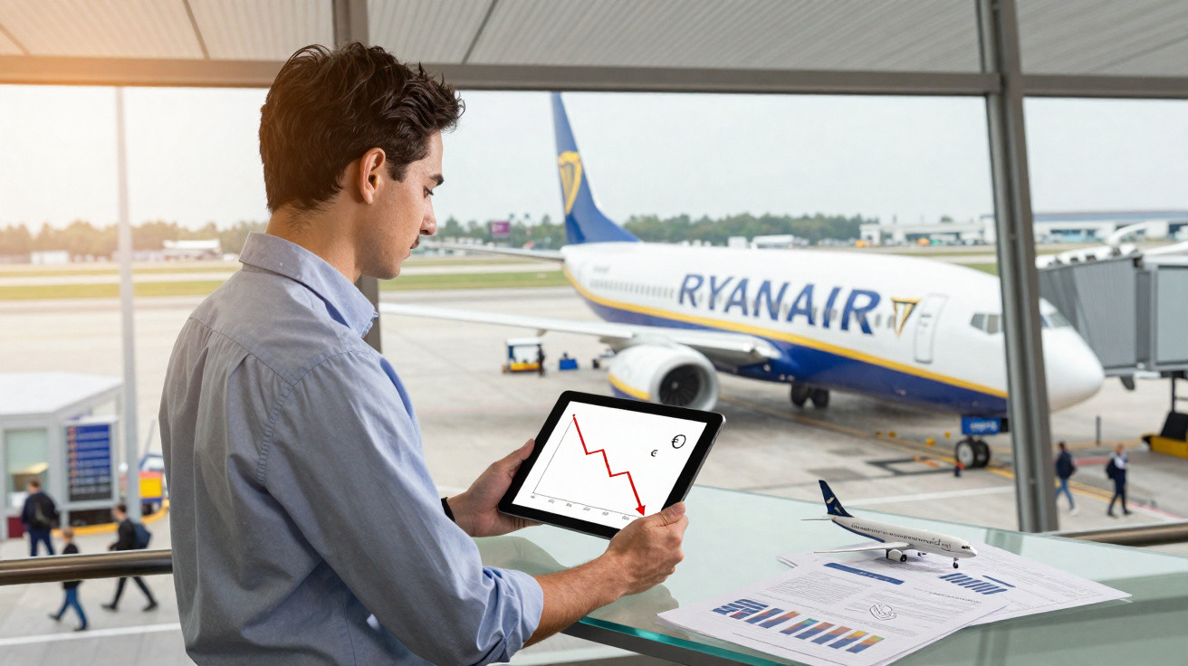 Homem olhando gráfico em tablet com avião Ryanair estacionado ao fundo no aeroporto.