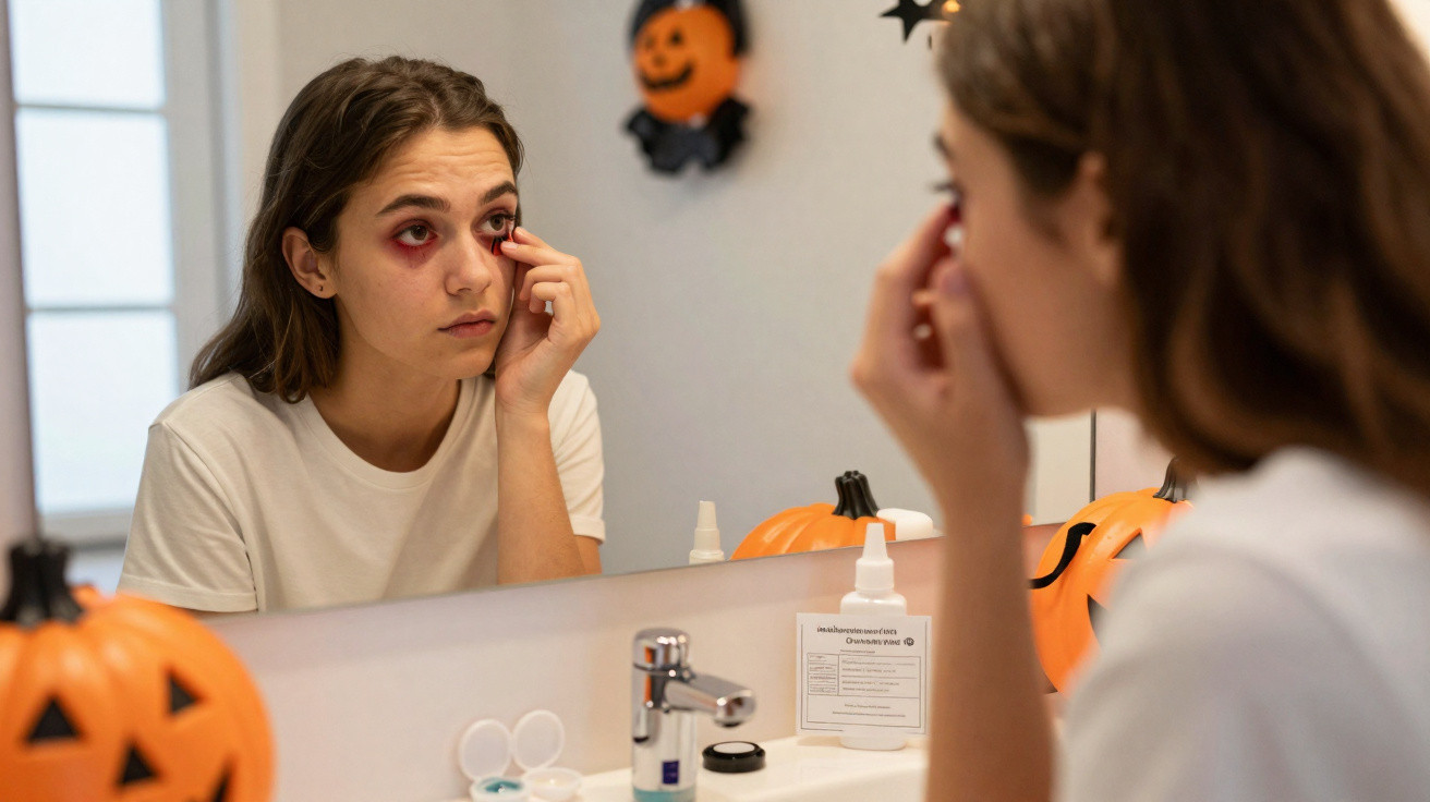 Mulher no banheiro passando maquiagem para criar olheiras roxas com decoração de Halloween ao fundo.