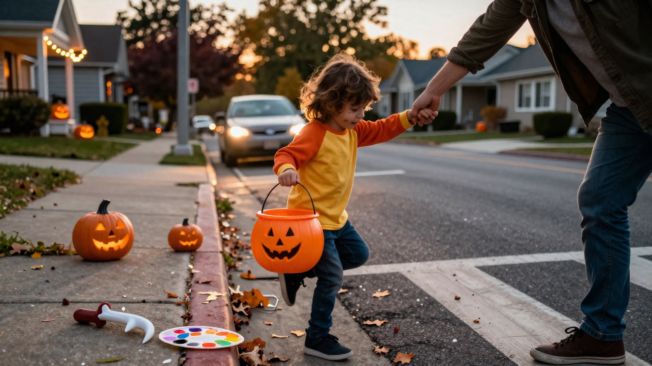 Criança segurando balde de abóbora para doces, acompanhada por adulto em rua decorada para Halloween.