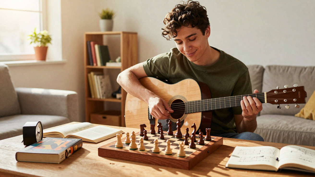 Jovem tocando violão sentado em sofá, com tabuleiro de xadrez e livros sobre mesa à sua frente.