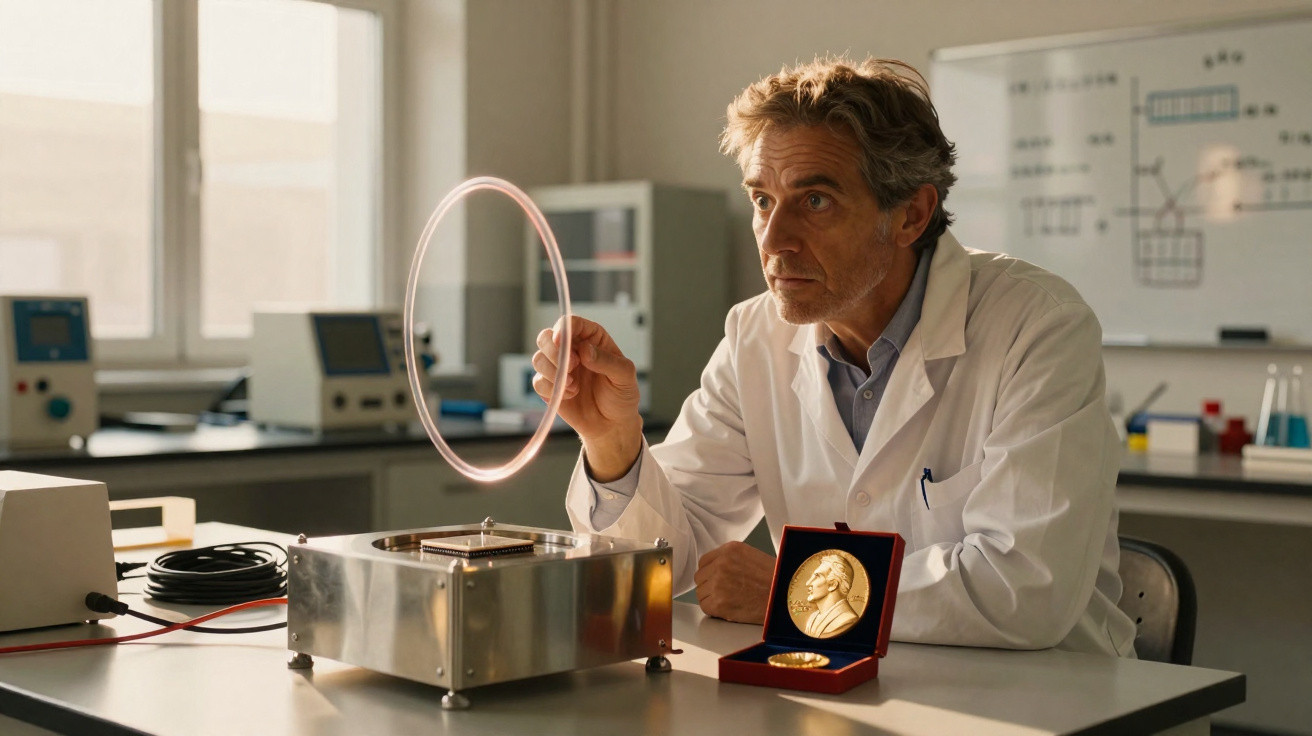 Cientista em laboratório segurando anel luminoso próximo a equipamento com medalha em caixa na mesa.