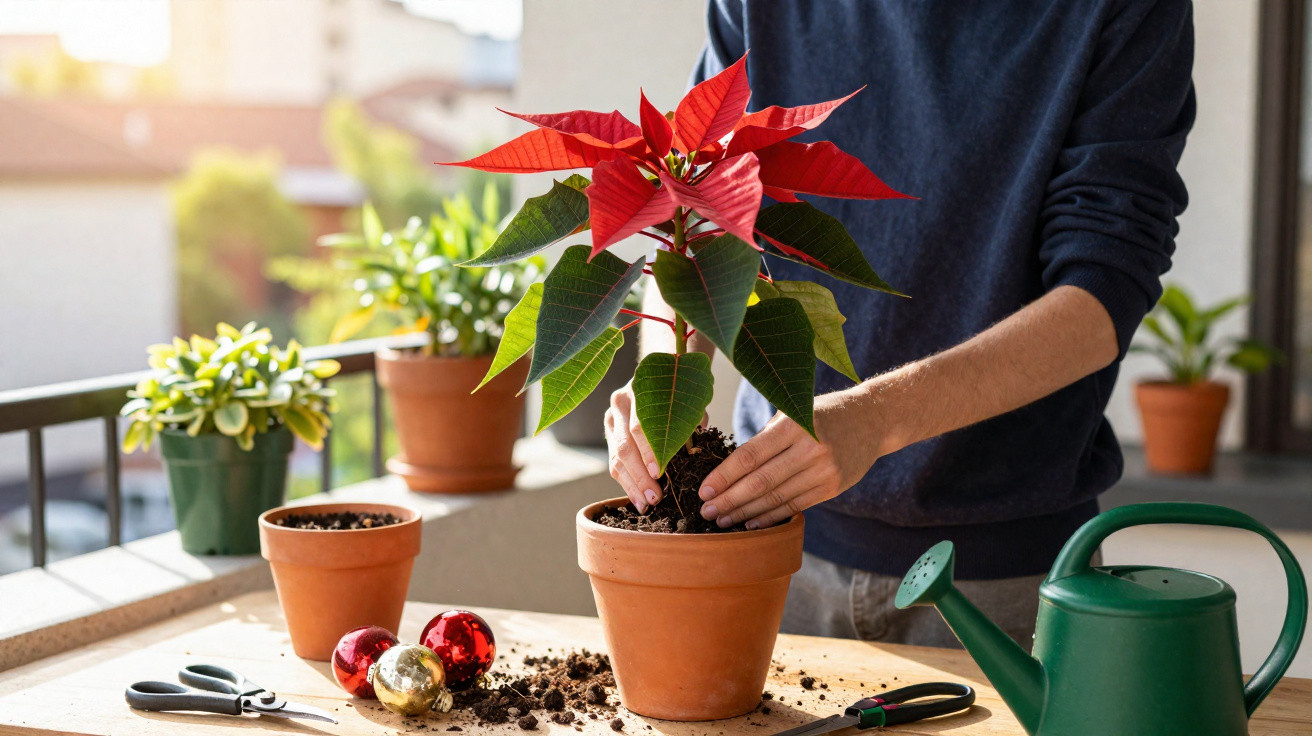 Pessoa transplantando uma flor vermelha em vaso de barro, com regador verde e bolas de Natal sobre mesa.