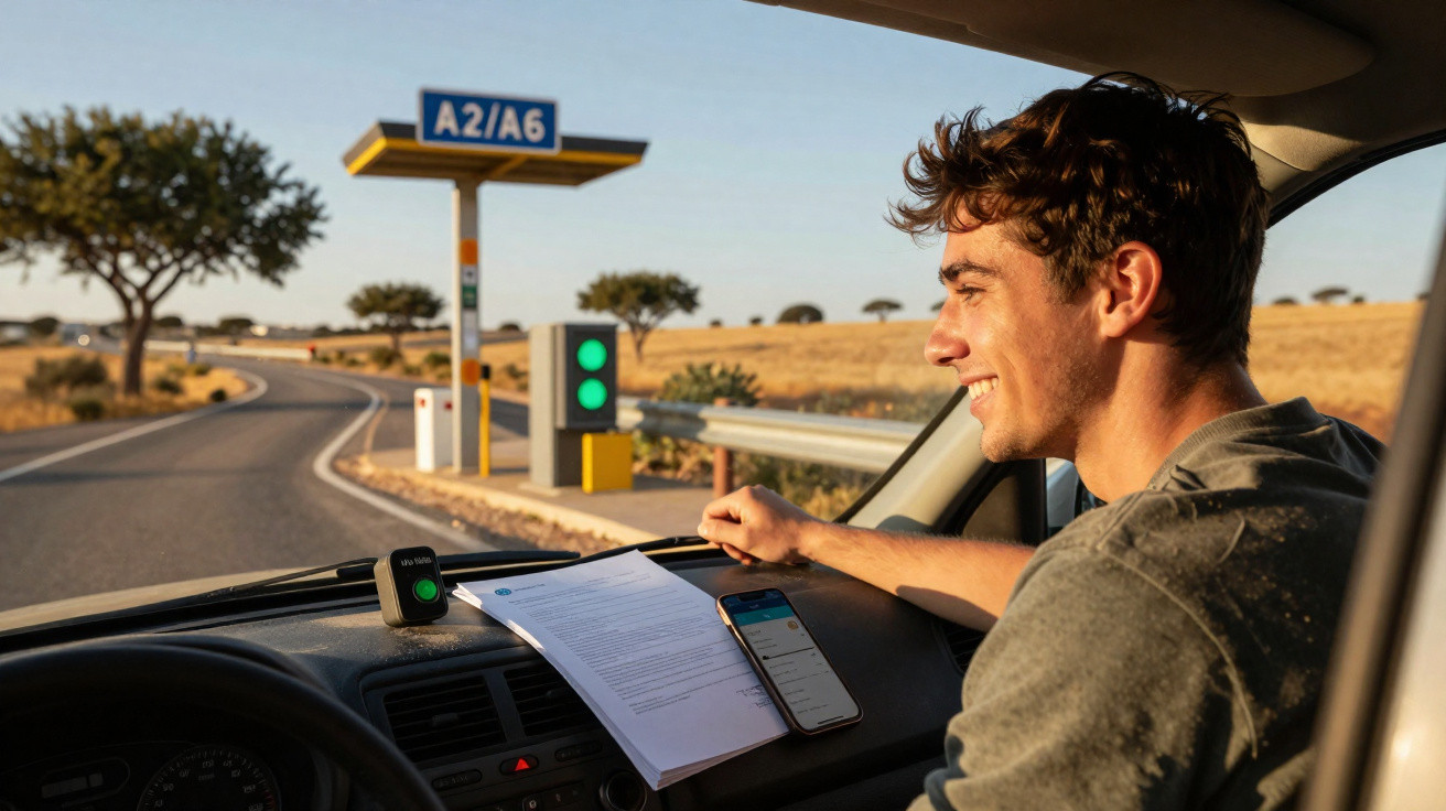 Jovem sorri dentro de carro parado em pedágio com documentos e celular no painel ao entardecer.