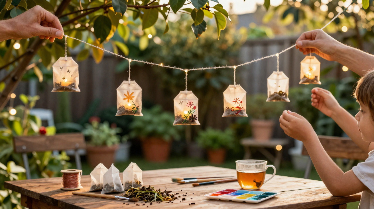 Mãos segurando luminárias feitas com saquinhos de chá decorados, com mesa de chá e tintas ao fundo no jardim.