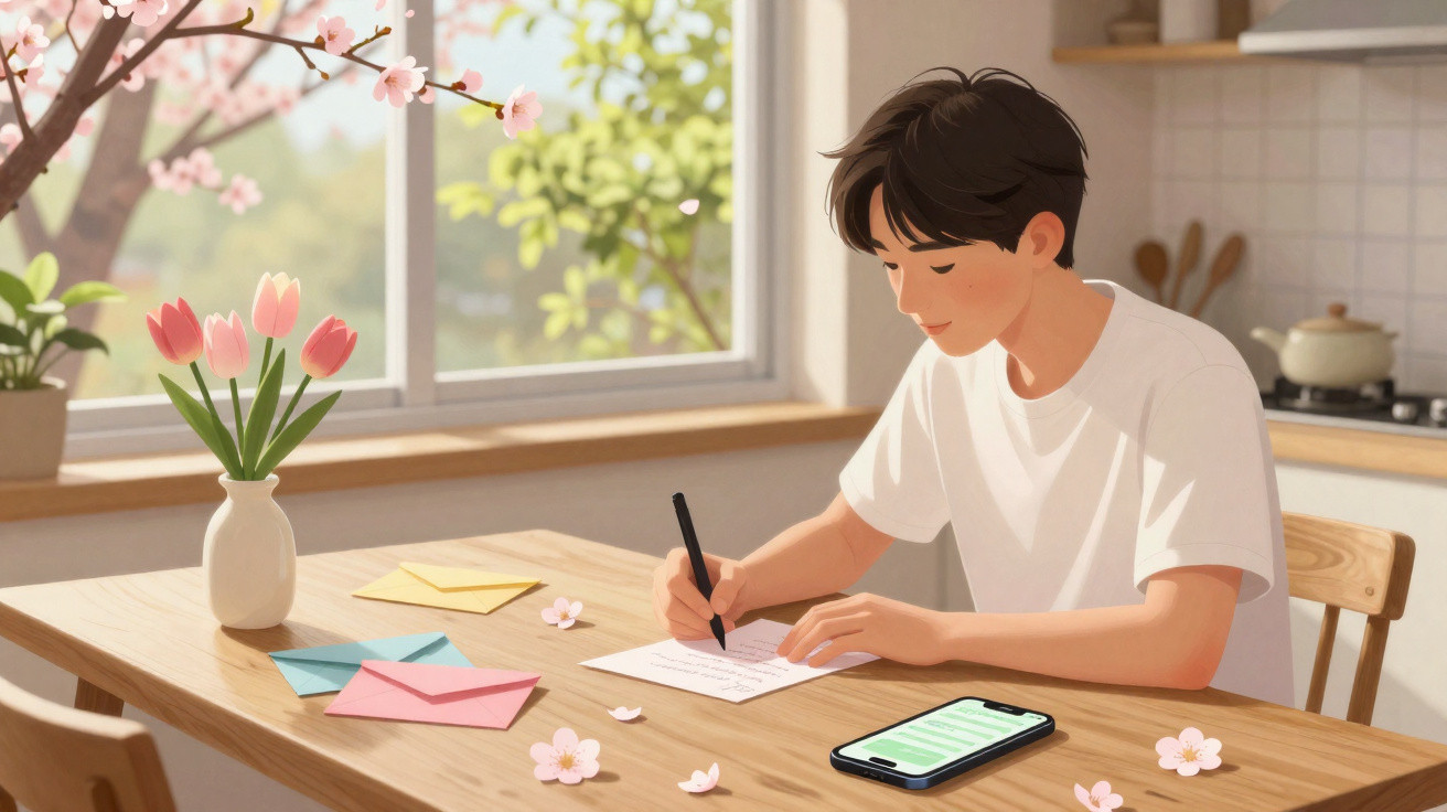 Jovem escrevendo carta à mão em mesa com flores, envelopes coloridos e celular em um ambiente iluminado.