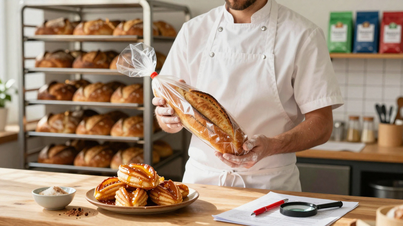 Padeiro segurando pão embalado, com mesa de madeira, doces, caderno e prateleira de pães ao fundo.