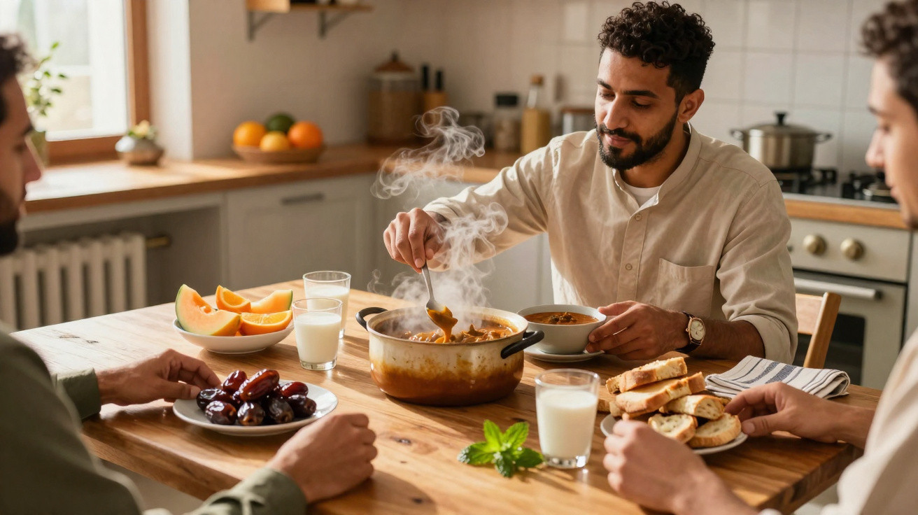 Três homens sentados à mesa na cozinha compartilhando uma refeição quente e pão caseiro.
