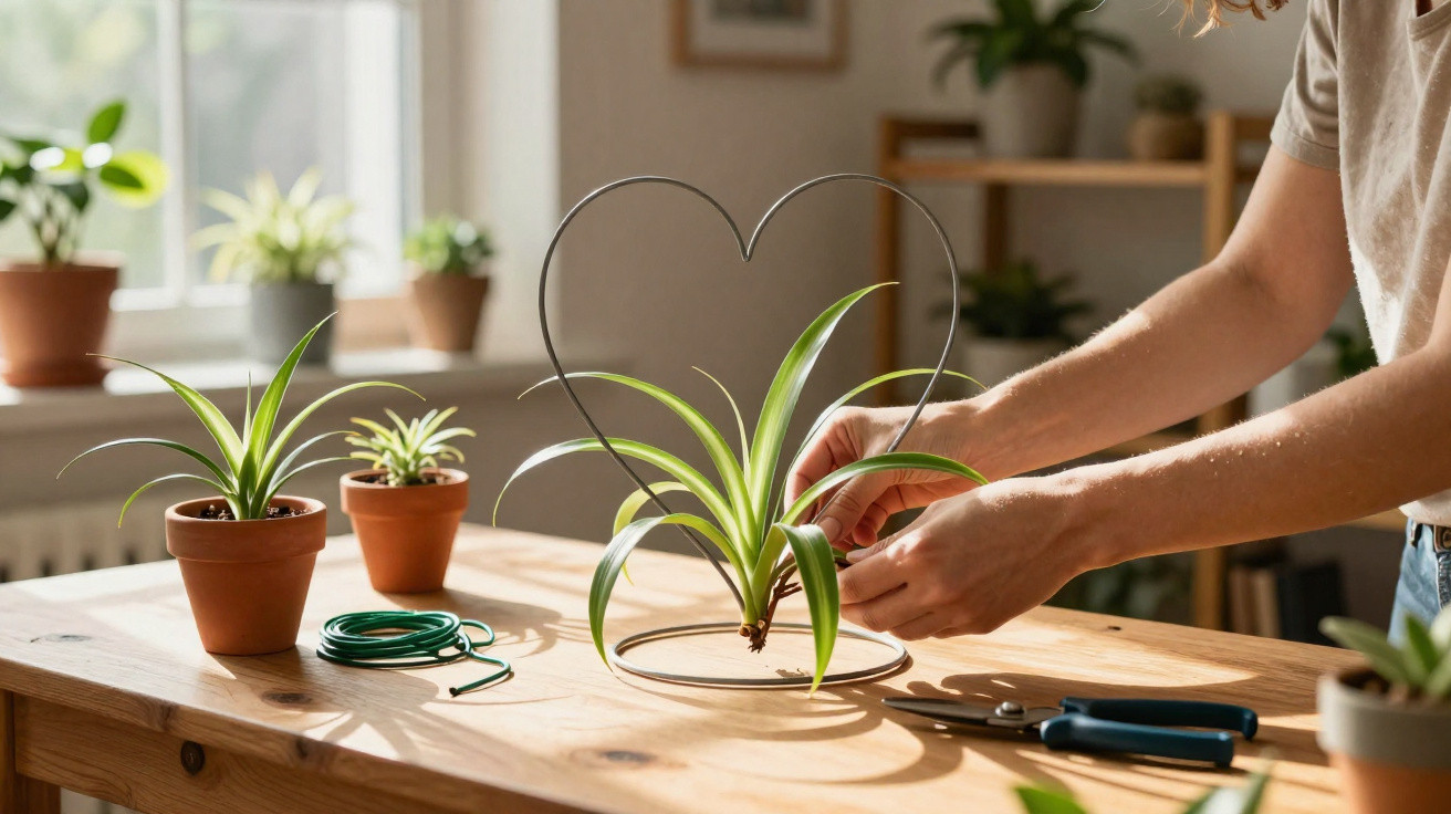 Pessoa cuidando de planta em vaso dentro de casa, com suporte metálico em formato de coração na mesa de madeira.