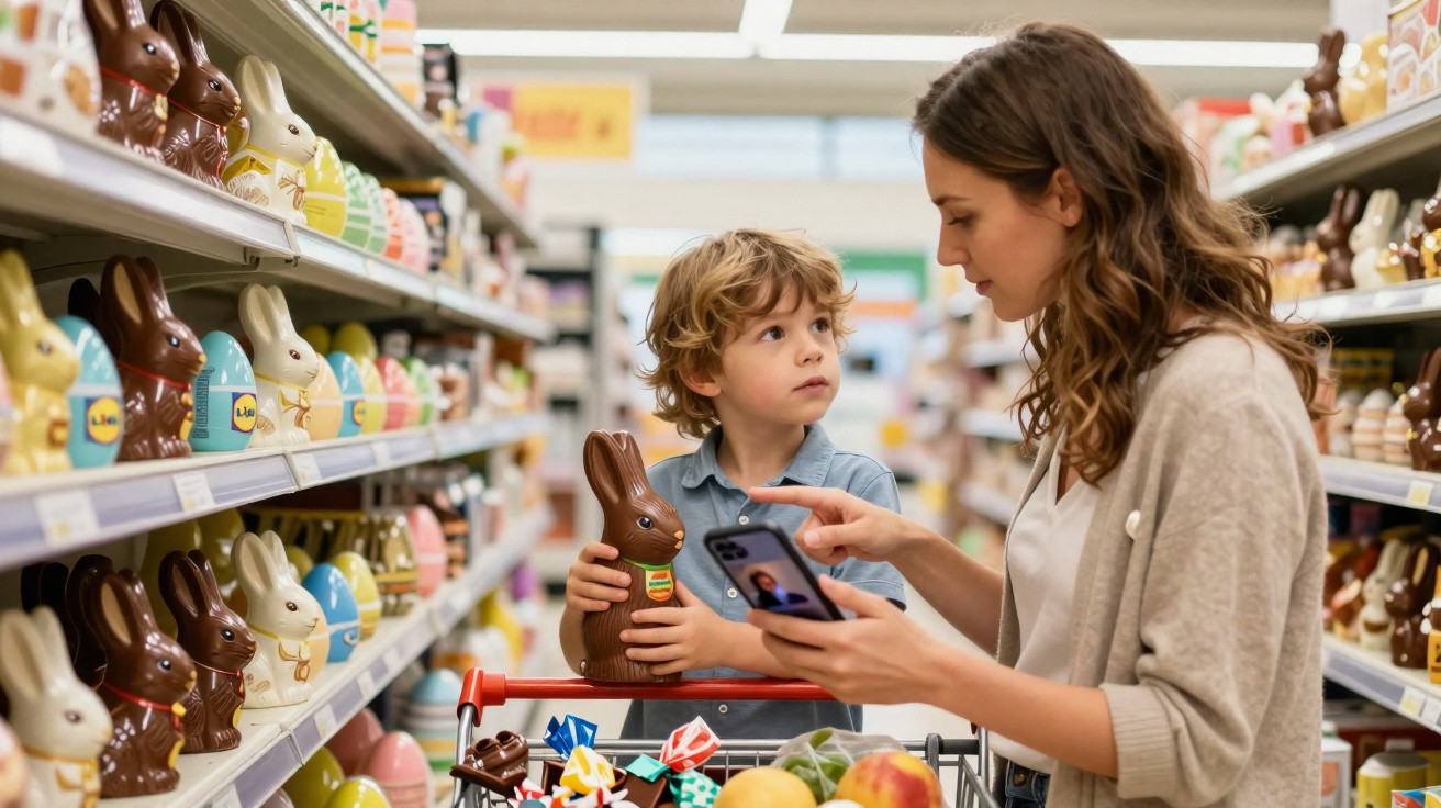 Mulher e menino escolhem chocolate em forma de coelho em corredor de supermercado decorado para Páscoa.