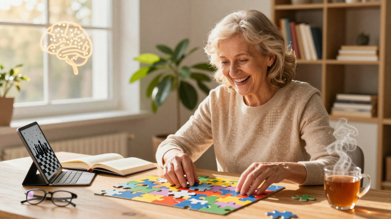 Mulher idosa sorrindo monta quebra-cabeça colorido em mesa com chá, óculos e tablet exibindo jogo de xadrez.
