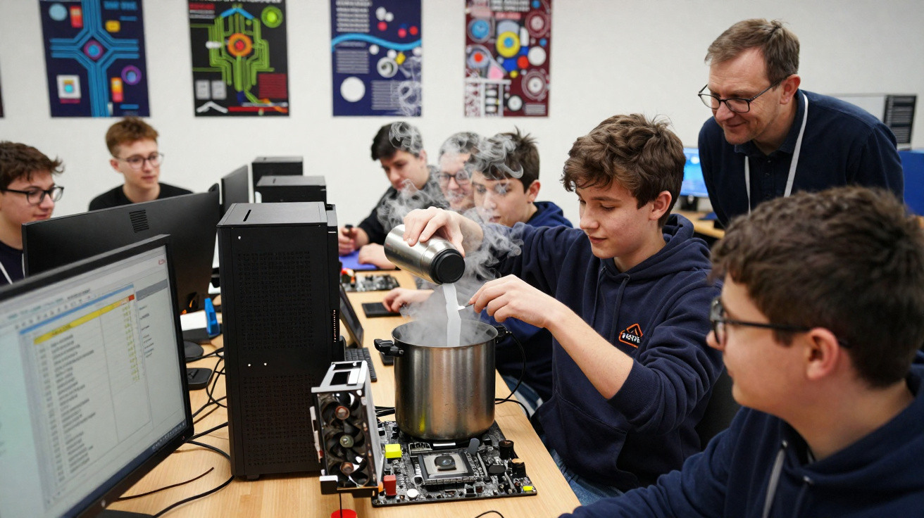 Estudantes em laboratório de informática fazem experimento com computador aberto e líquido vaporizando.