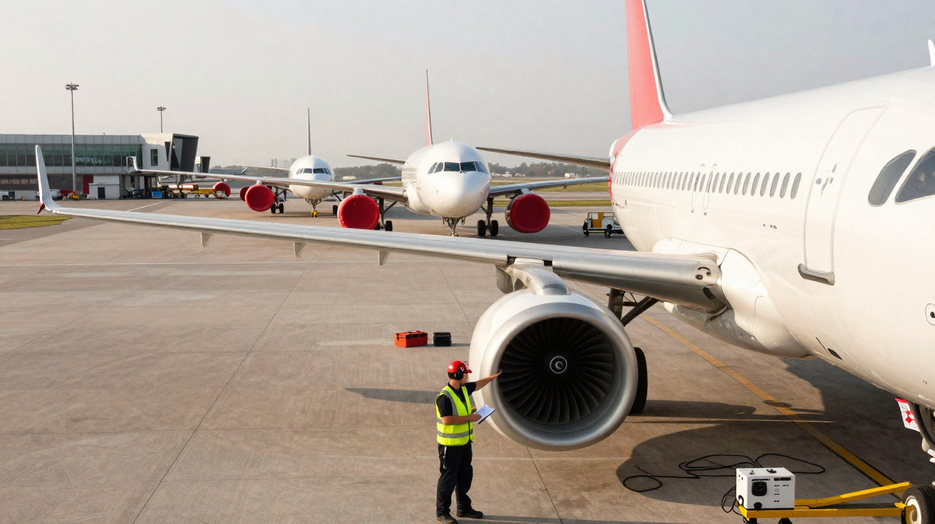 Aeronaves alinhadas no aeroporto com trabalhador em colete refletivo inspecionando motor de avião.