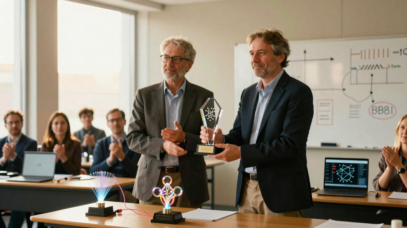 Dois homens em trajes formais seguram um troféu em sala de reunião com pessoas aplaudindo ao fundo.