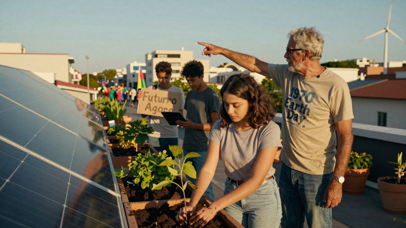 Grupo diverso em telhado com painéis solares, plantando e segurando cartaz "Futuro Agora" em ação ambiental.