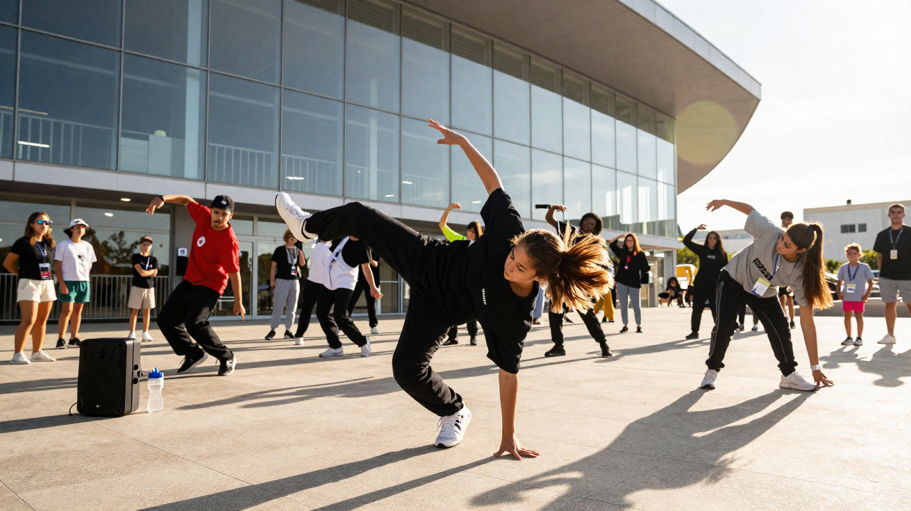 Grupo de jovens dançando breakdance ao ar livre em frente a prédio moderno de vidro.