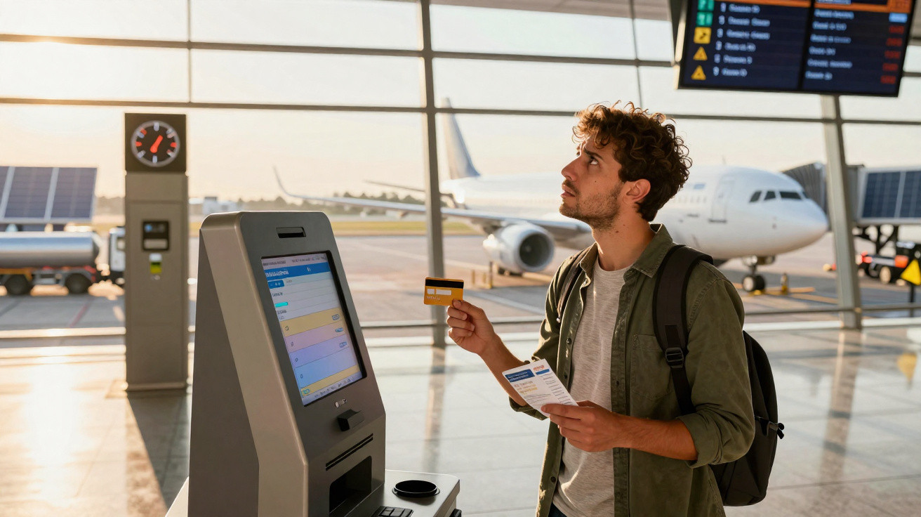 Jovem com mochila usa quiosque de autoatendimento no aeroporto com avião visível ao fundo.