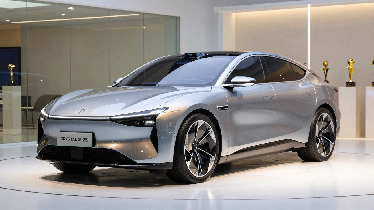 Carro elétrico prateado futurista apresentado em showroom com design aerodinâmico e rodas esportivas.