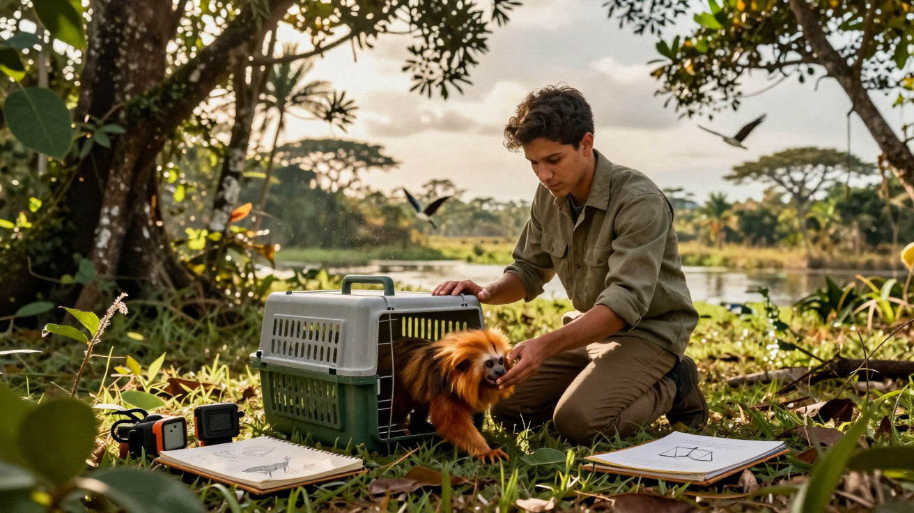 Jovem libertando um mico-leão-dourado em área de mata com equipamentos de pesquisa ao redor.