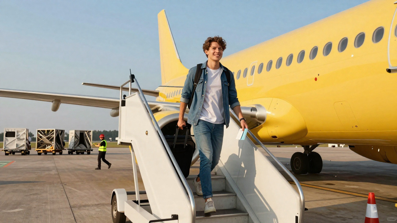 Jovem descendo a escada de avião amarelo no aeroporto, carregando mala e com bilhete na mão.