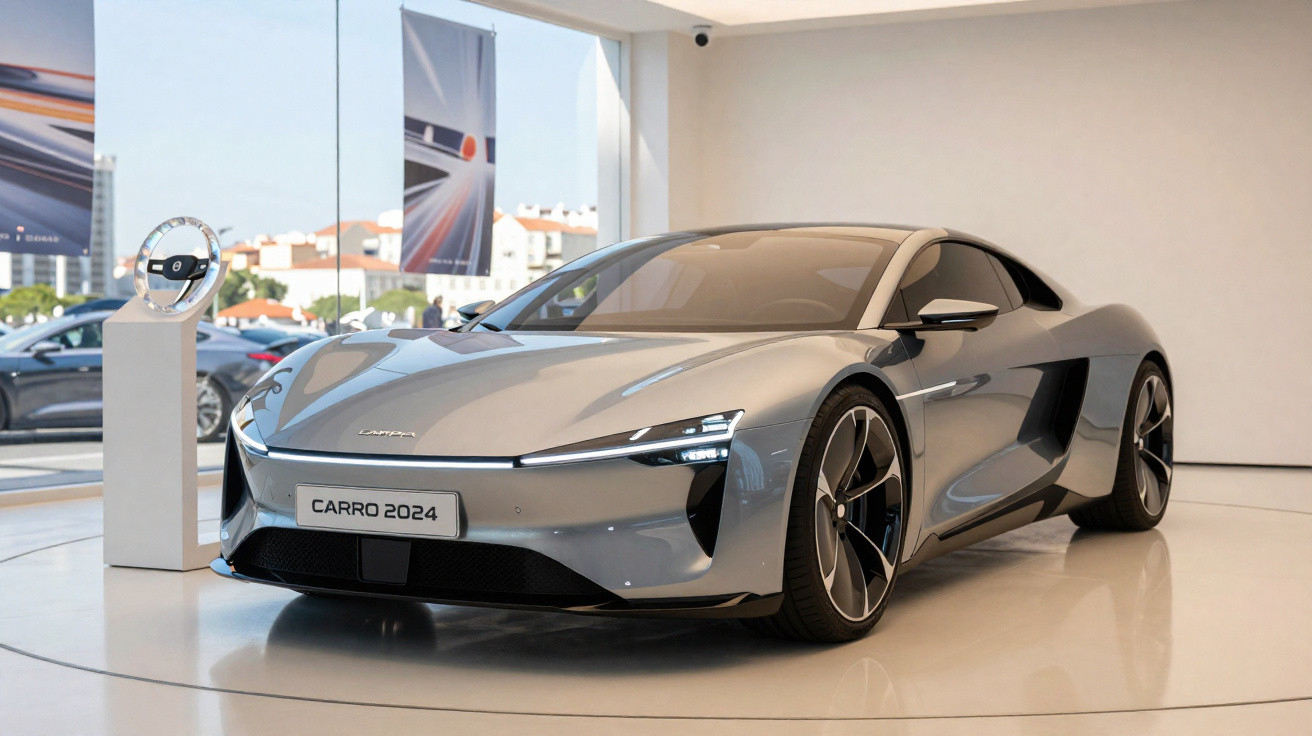 Carro esportivo cinza moderno exposto em ambiente interno com volante em pedestal ao lado.