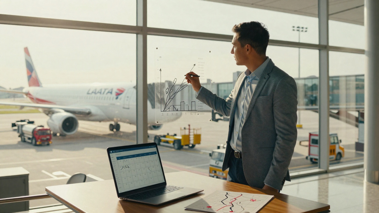 Homem de terno desenhando gráficos transparentes em vidro com avião ao fundo no aeroporto.