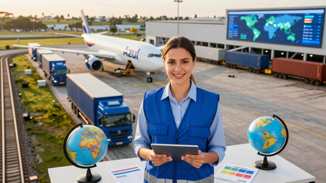 Mulher sorridente com colete azul segura tablet em aeroporto com avião, caminhões e globos terrestres ao redor.