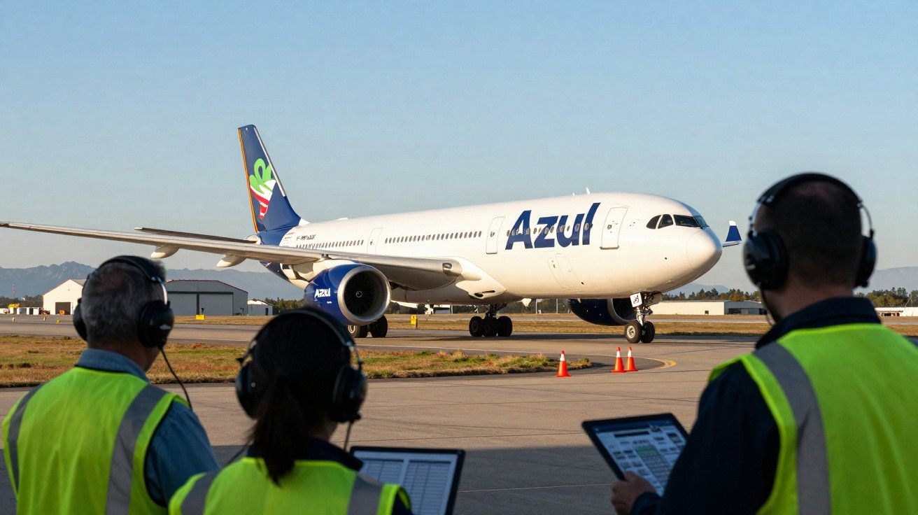 Três profissionais com coletes refletores e fones acompanham avião da Azul taxiando em aeroporto ensolarado.
