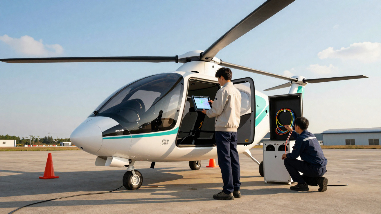 Homem com tablet e técnico conferindo helicóptero elétrico branco em área aberta sob céu azul.