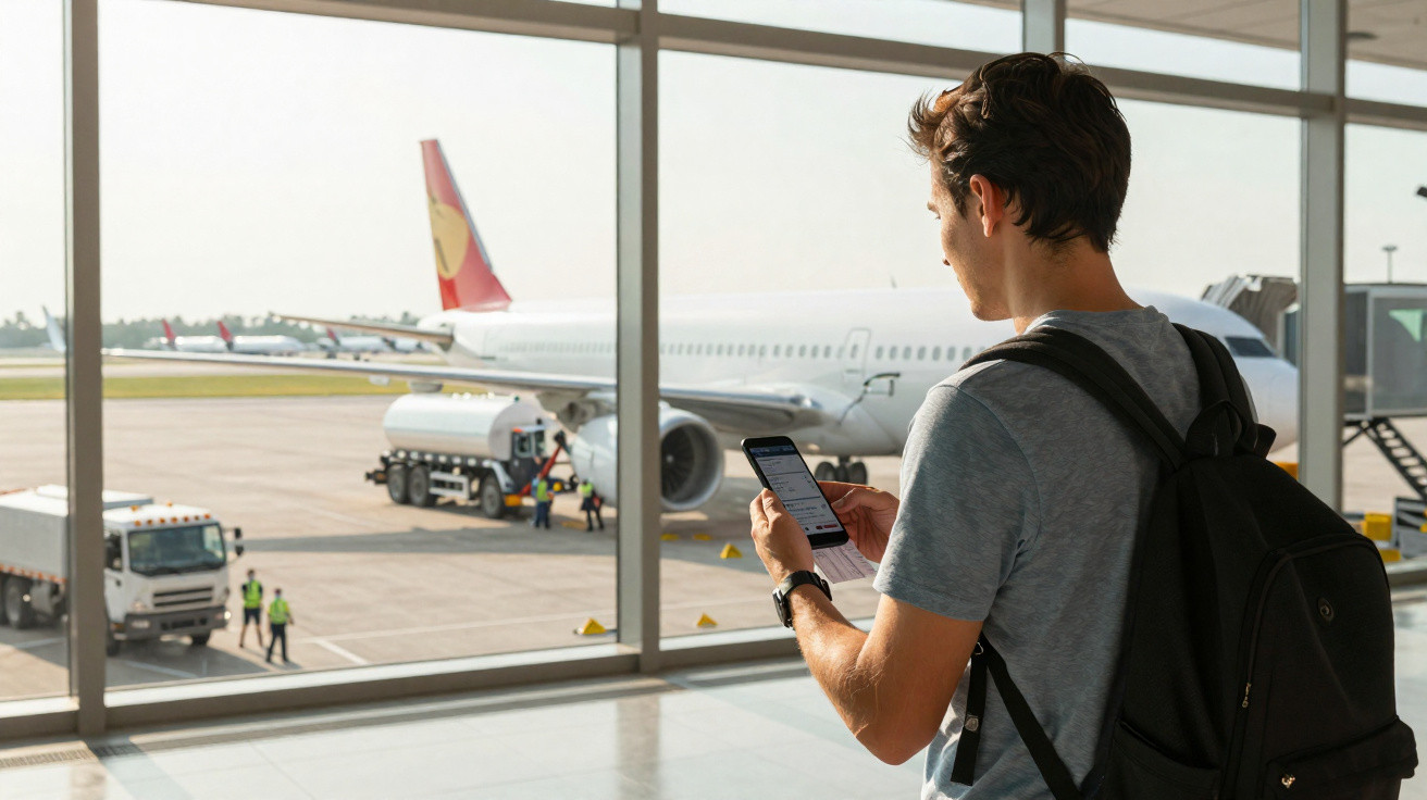 Homem com mochila olhando celular em área de embarque de aeroporto com avião ao fundo.