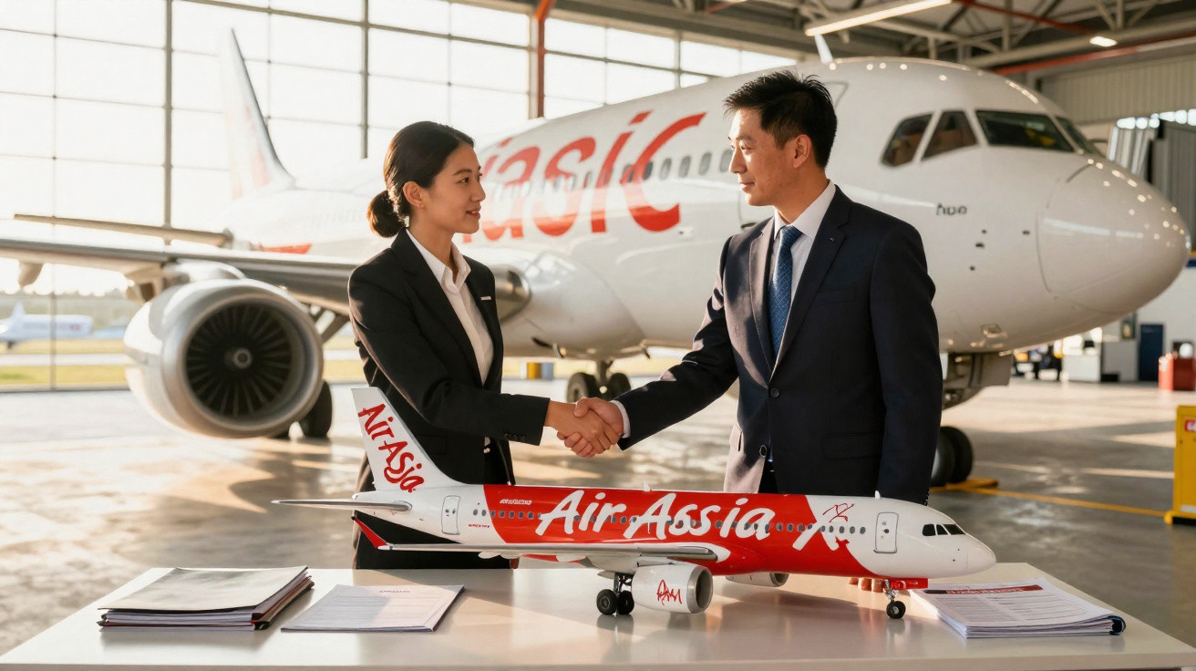 Dois profissionais em terno apertam as mãos em hangar com avião e maquete da AirAsia sobre mesa.
