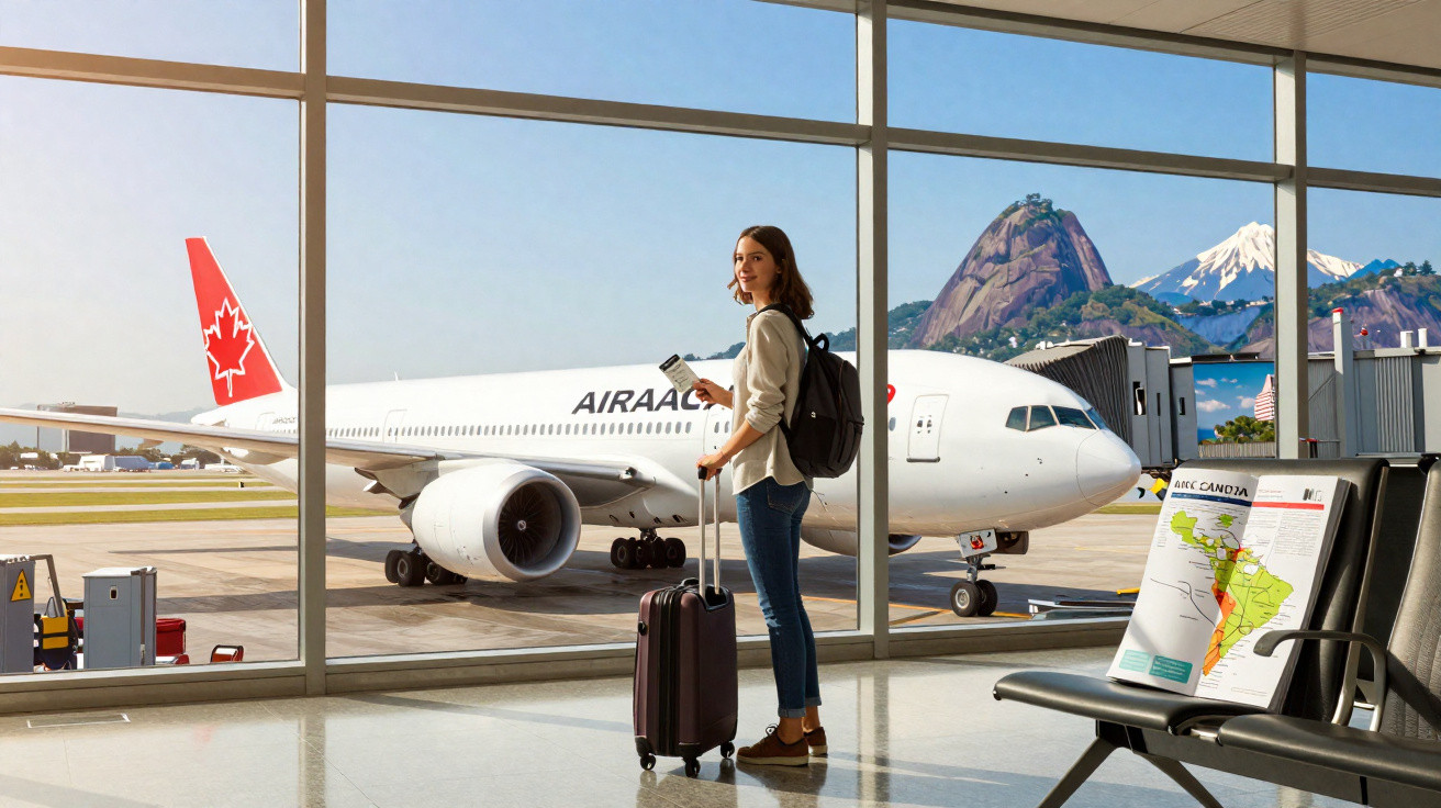 Mulher com mochila e mala de viagem em aeroporto com avião Air Canada atrás e montanhas ao fundo.