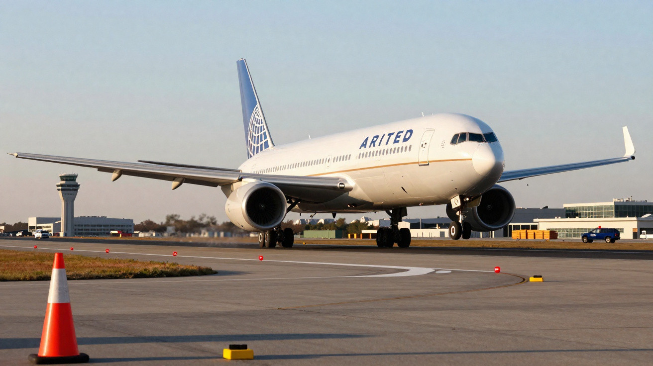 Avião da United taxiando no aeroporto com sinalização e torre de controle ao fundo.
