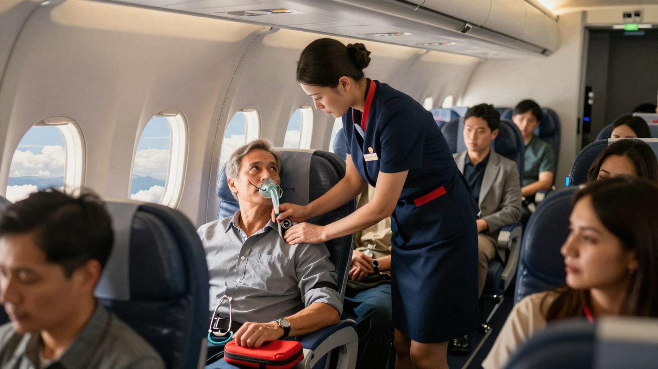 Comissária auxilia passageiro com máscara de oxigênio durante voo em avião comercial.