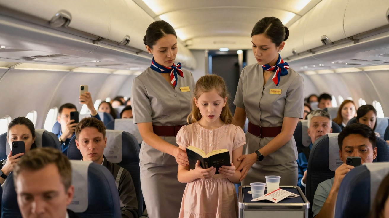 Garotas e aeromoças dentro de avião, lendo um livro em meio a passageiros sentados.