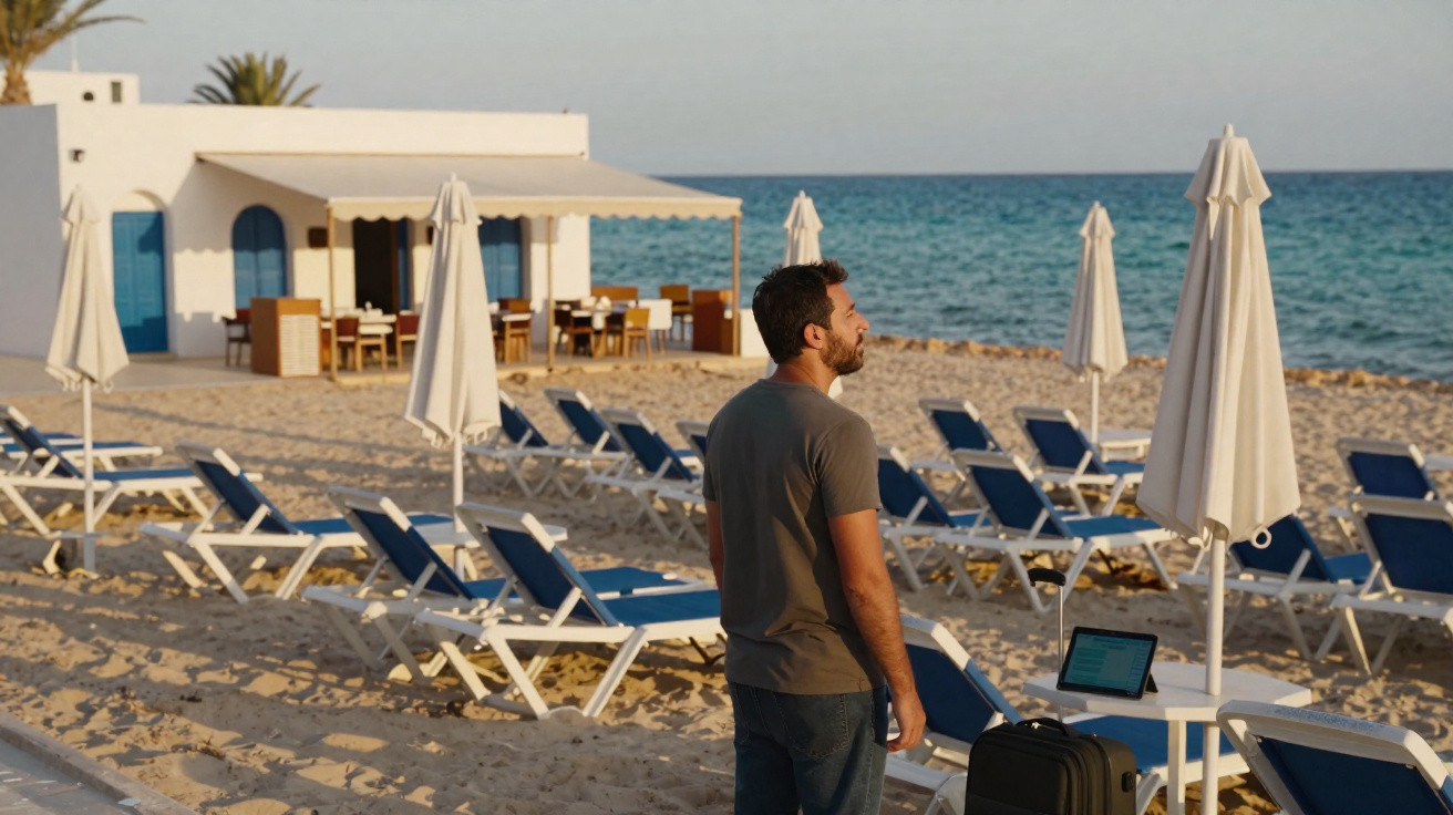 Homem com mala e tablet parado em praia com várias espreguiçadeiras e guarda-sóis brancos ao pôr do sol.