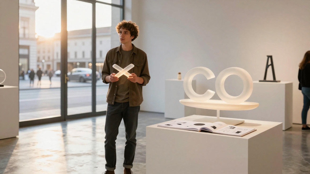 Homem jovem em galeria segurando peça iluminada enquanto observa exposição com letras iluminadas CO.