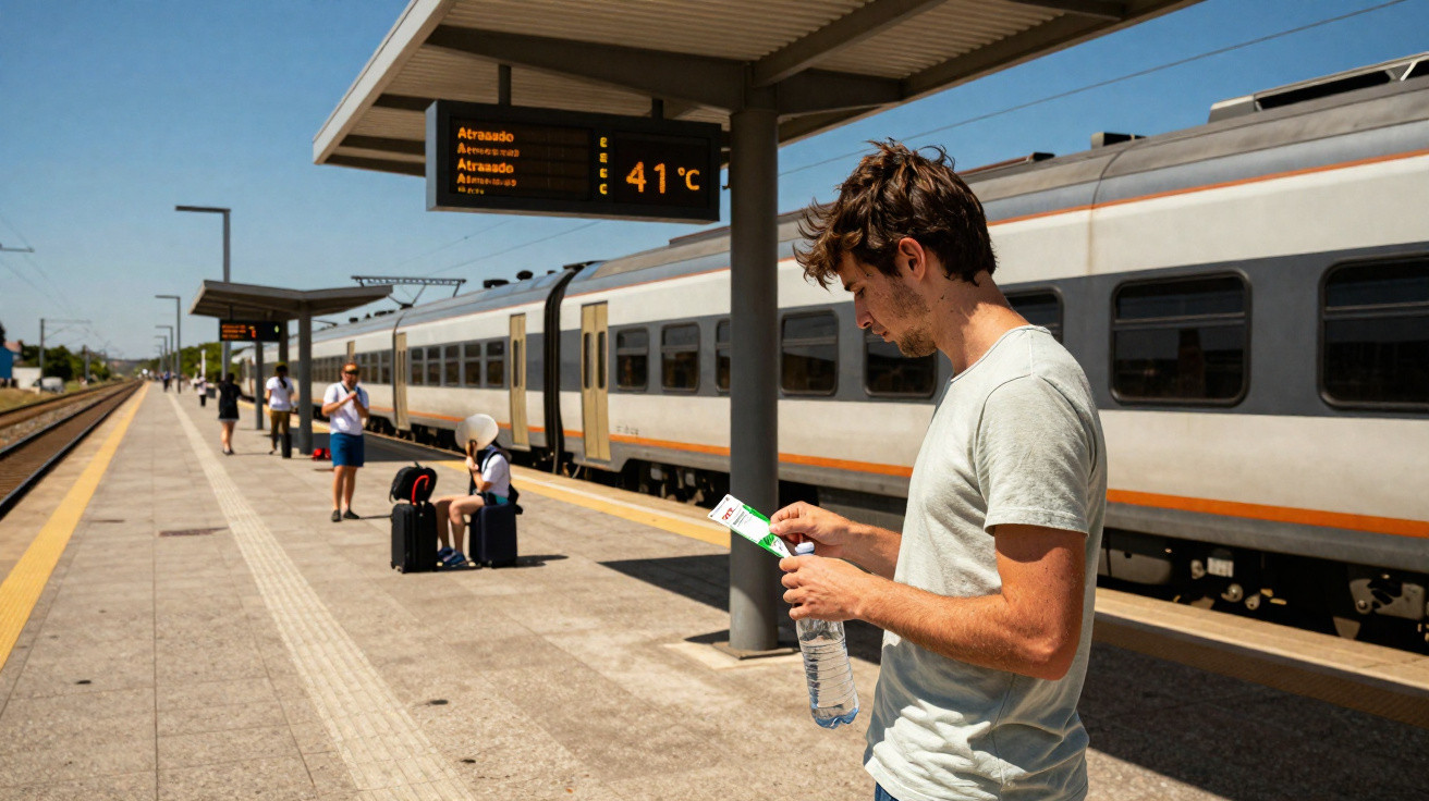 Homem em estação de trem com temperatura de 41°C exibida no painel digital em dia de sol intenso.