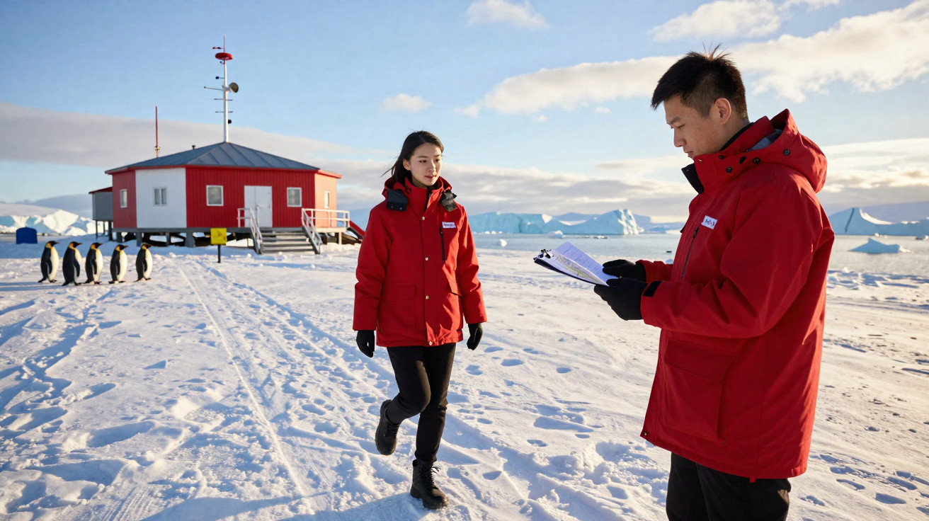 Duas pessoas com casacos vermelhos em base antártica, com pinguins e icebergues ao fundo.